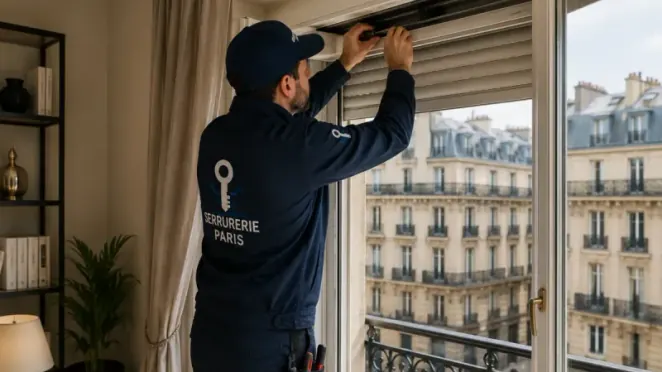 Technicien réparant un volet roulant à Paris